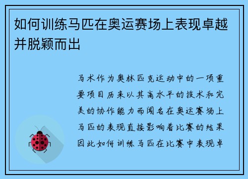 如何训练马匹在奥运赛场上表现卓越并脱颖而出