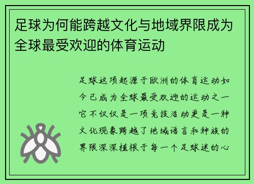 足球为何能跨越文化与地域界限成为全球最受欢迎的体育运动